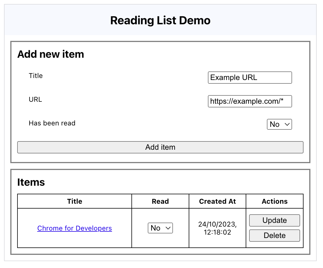 Screenshot showing the chrome.readingList API demo running in Chrome.