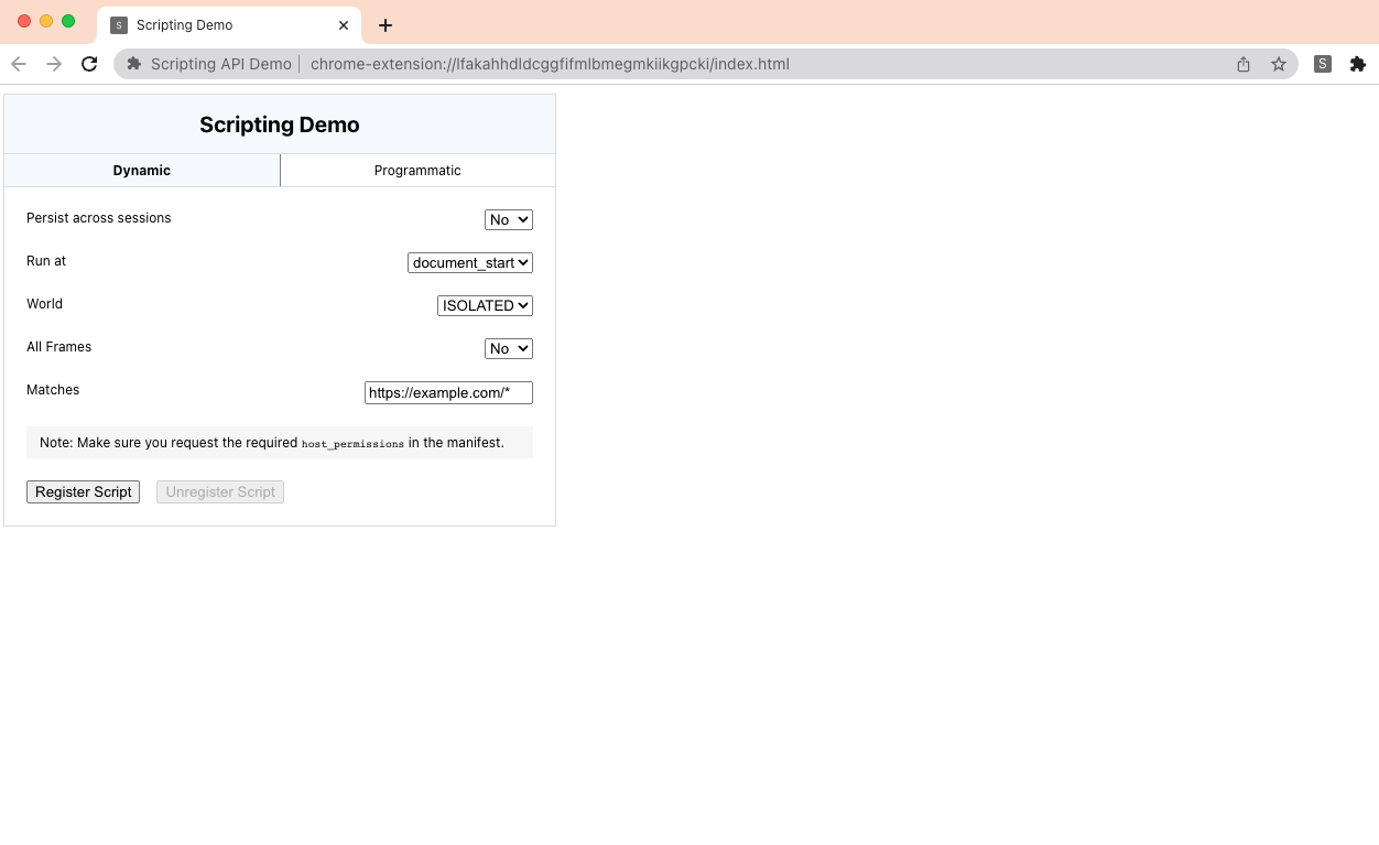 Screenshot showing the chrome.scripting API demo running in Chrome.